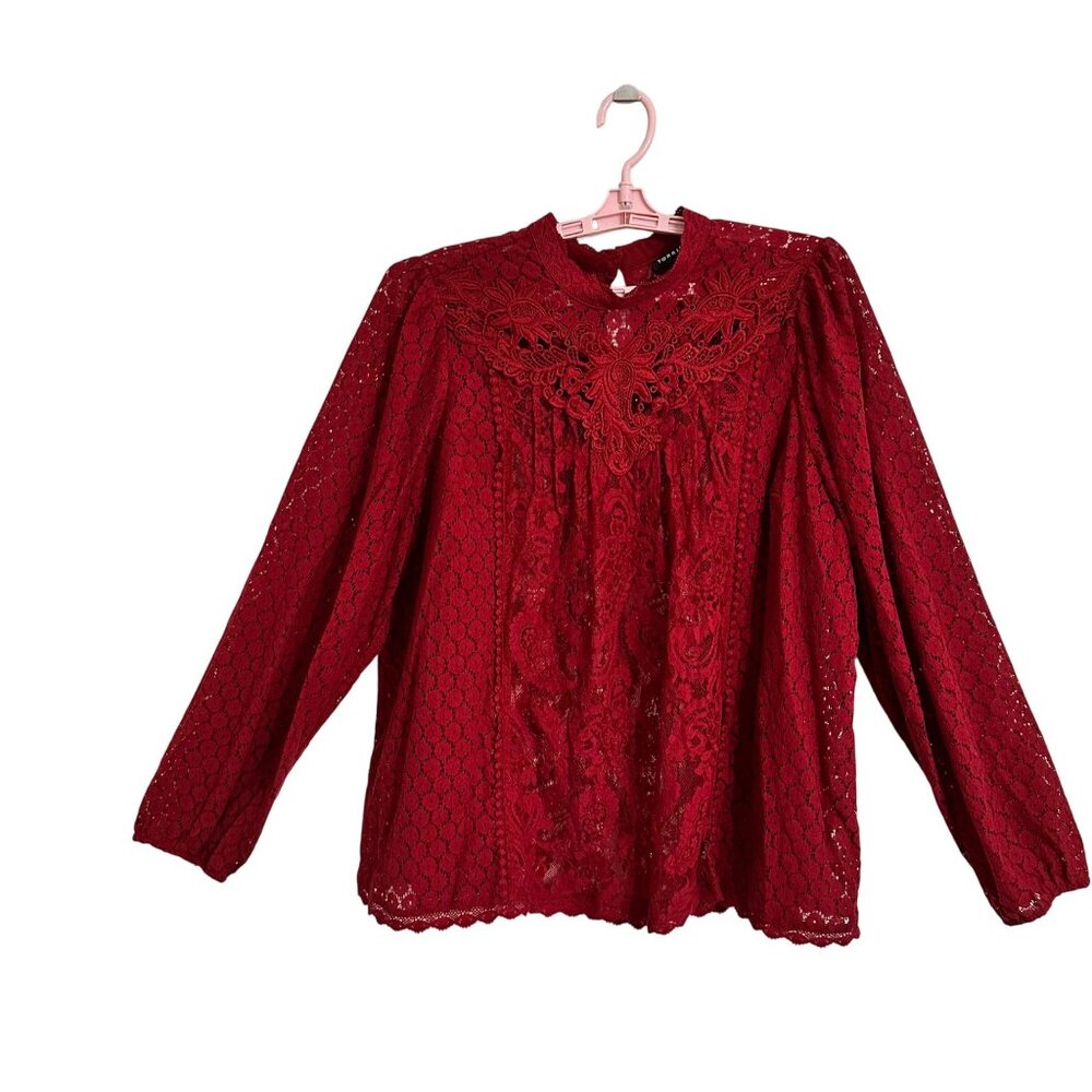 Torrid Womens Lace Blouse High Neck In Rhubarb Red Size 0 (L) Whimsy Romantic - Picture 2 of 8